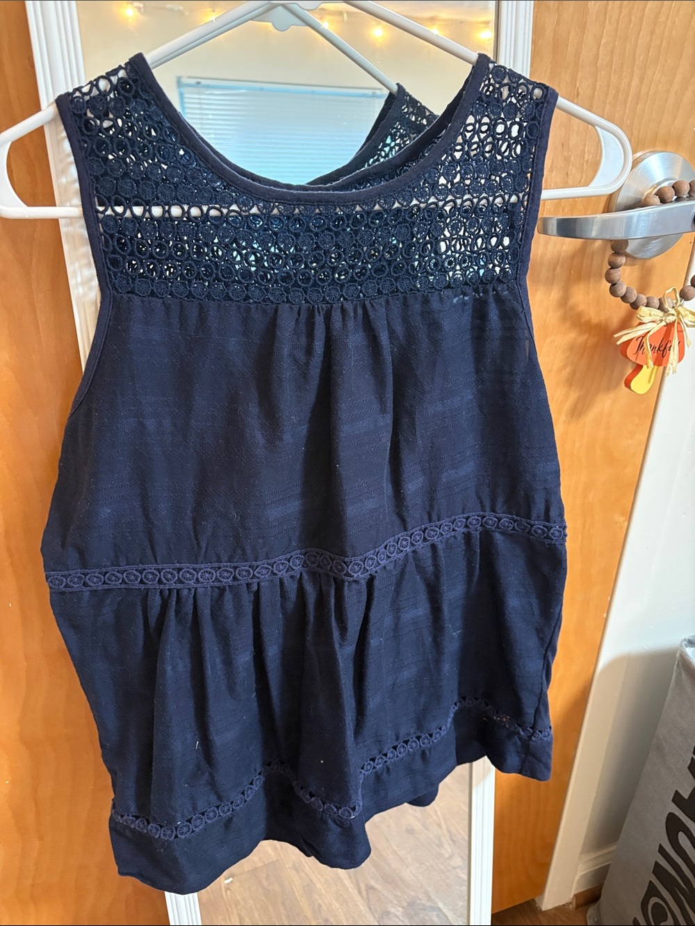 crown & ivy Navy Crochet Yoke Tank Top